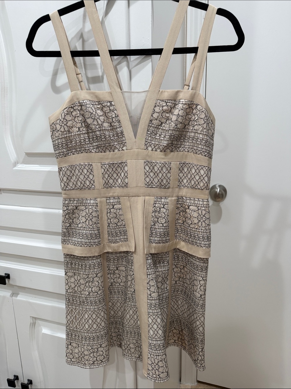 BCBGMAXAZRIA Beige and Black Lace-Detail Peplum A-Line Dress